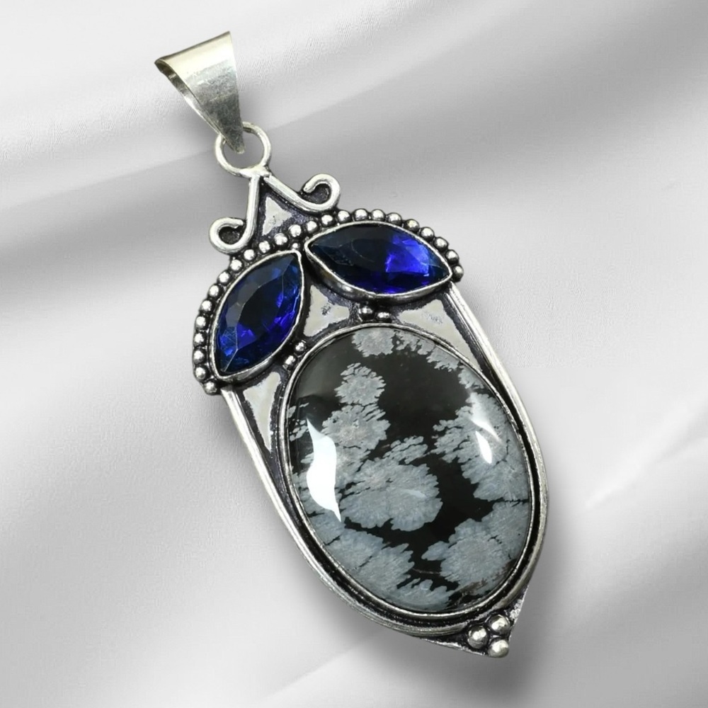 Artisan Hand Crafted Snowflake Obsidian Pendant with Blue Tanzanite Stones